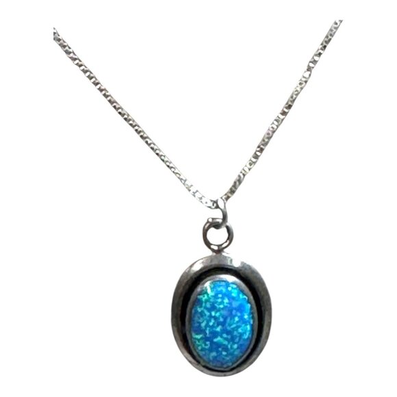 Ott Navajo Signed Opal Blue Sterling Silver Oval Pendant Necklace Box Chain 16" - Picture 1 of 10